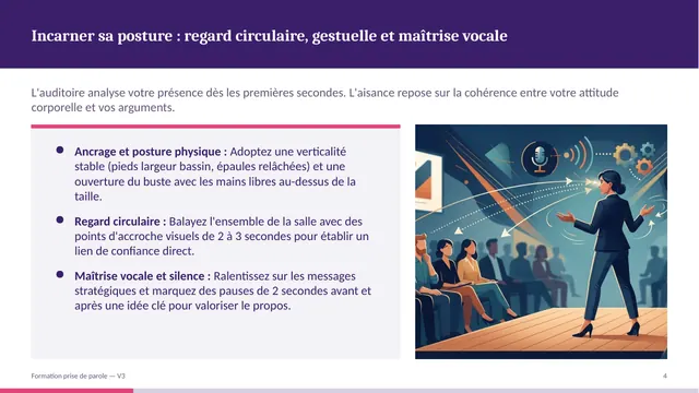 Slide posture : regard circulaire, gestuelle et maîtrise vocale, avec illustration